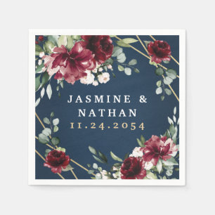 ネイビーブルーブルゴーニュ赤面ピンク金ゴールドフローラ結婚ズ スタンダードカクテルナプキン