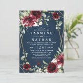 ネイビーブルーブルゴーニュ赤面ピンク金ゴールドフローラ結婚ズ 招待状 (スタンド正面)