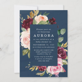 ネイビーブルーブルゴーニュ赤面ピンク金ゴールドベビーシャワー 招待状