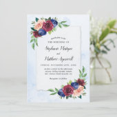 ネイビーブルーブルゴーニュ赤面フローラウォーター結婚カラー 招待状 (スタンド正面)