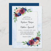 ネイビーブルーブルゴーニュ赤面フローラウォーター結婚カラー 招待状 (正面/裏面)