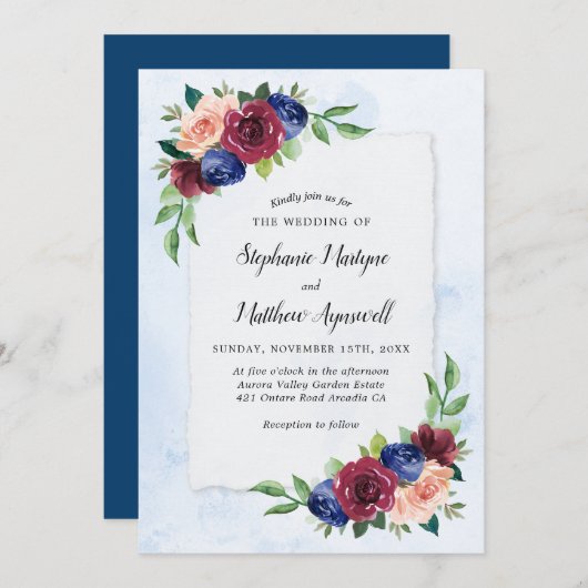 ネイビーブルーブルゴーニュ赤面フローラウォーター結婚カラー 招待状 (正面/裏面)