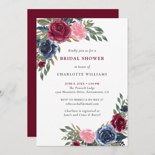 ネイビーブルーブルゴーニュ赤面フローラブライダルシャワー 招待状 (正面/裏面)