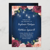 ネイビーブルーブルゴーニュ赤面フローラメイスンジャー結婚ズ 招待状 (正面/裏面)