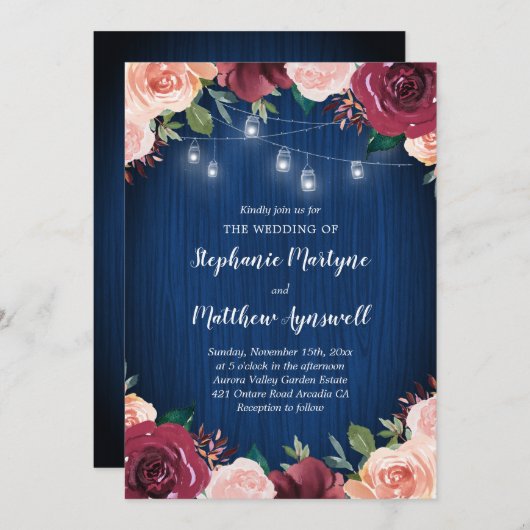 ネイビーブルーブルゴーニュ赤面フローラメイスンジャー結婚ズ 招待状 (正面/裏面)