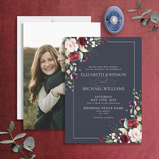 ネイビーブルーブルゴーニュ赤面フローラ結婚写真 招待状