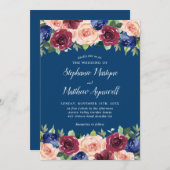 ネイビーブルーブルゴーニュ赤面モダンフローラ結婚ズ 招待状 (正面/裏面)