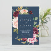 ネイビーブルーブルゴーニュ赤面金ゴールド婚約パーティ 招待状 (スタンド正面)