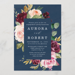 ネイビーブルーブルゴーニュ赤面金ゴールド婚約パーティ 招待状