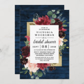 ネイビーブルーブルゴーニュ赤面金ゴールド素朴ブライダルシャワー 招待状 (正面/裏面)