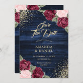 ネイビーブルーブルゴーニュ赤面金ゴールド結婚グリッター セーブザデート (正面/裏面)