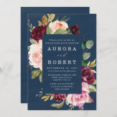 ネイビーブルーブルゴーニュ赤面金ゴールド記念日パーティー 招待状 (正面/裏面)