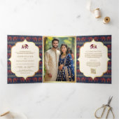 ネイビーブルーブルゴーニュ金ゴールドゾウインディアン結婚ズ 三つ折り招待状 (内部)