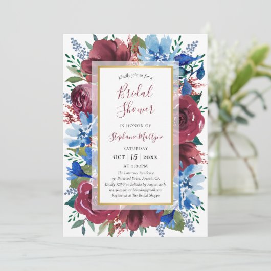 ネイビーブルーブルゴーニュ金ゴールドフローラブライダルシャワー 招待状 (スタンド正面)