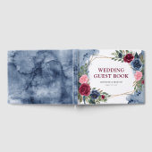 ネイビーブルーブルゴーニュ金ゴールド幾何学結婚フローラ ゲストブック (全面)