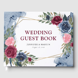 ネイビーブルーブルゴーニュ金ゴールド幾何学結婚フローラ ゲストブック