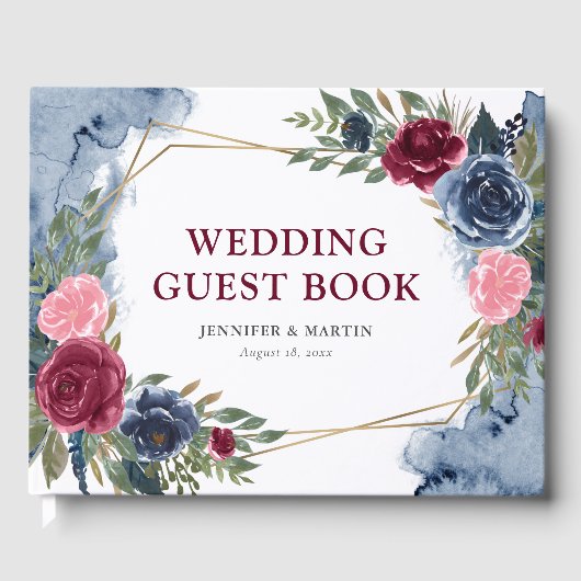 ネイビーブルーブルゴーニュ金ゴールド幾何学結婚フローラ ゲストブック (正面)