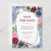 ネイビーブルーブルゴーニュ金ゴールド幾何学結婚フローラ 案内状 (正面)