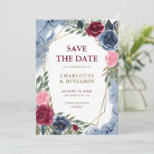 ネイビーブルーブルゴーニュ金ゴールド幾何学結婚フローラ 案内状 (スタンド正面)