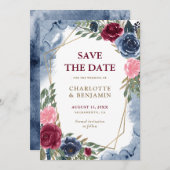 ネイビーブルーブルゴーニュ金ゴールド幾何学結婚フローラ 案内状 (正面/裏面)