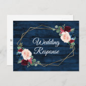 ネイビーブルーブルゴーニュ金ゴールド赤面カントリーウェディングRSVP ポストカード (正面/裏面)