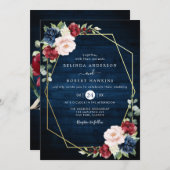 ネイビーブルーブルゴーニュ金ゴールド赤面ピンクカントリーウェディング 招待状 (正面/裏面)