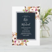 ネイビーブルーブルゴーニュ金ゴールド赤面ピンクカントリーウェディング 招待状 (スタンド正面)