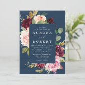 ネイビーブルーブルゴーニュ金ゴールド赤面ピンクフローラズ結婚 招待状 (スタンド正面)