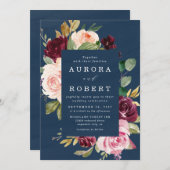 ネイビーブルーブルゴーニュ金ゴールド赤面ピンクフローラズ結婚 招待状 (正面/裏面)