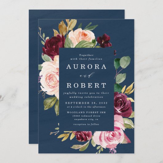 ネイビーブルーブルゴーニュ金ゴールド赤面ピンクフローラズ結婚 招待状 (正面/裏面)