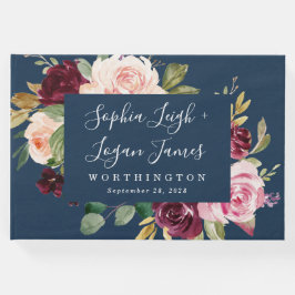 ネイビーブルーブルゴーニュ金ゴールド赤面ピンクフローラ結婚ズ ゲストブック