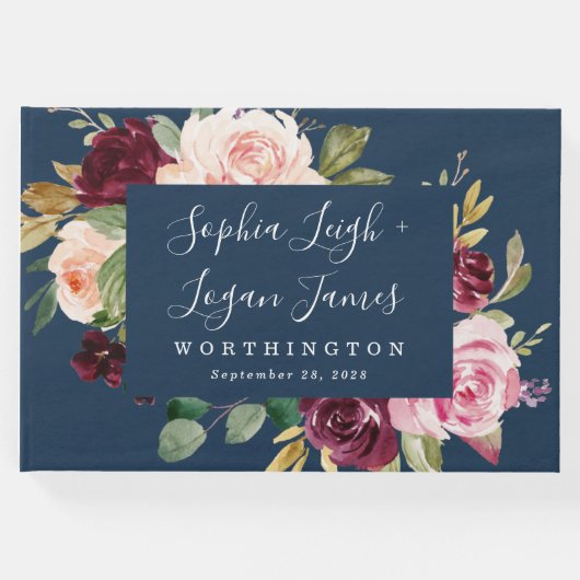 ネイビーブルーブルゴーニュ金ゴールド赤面ピンクフローラ結婚ズ ゲストブック (正面)