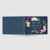 ネイビーブルーブルゴーニュ金ゴールド赤面ピンクフローラ結婚ズ ゲストブック (全面)