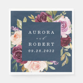 ネイビーブルーブルゴーニュ金ゴールド赤面ピンクフローラ結婚ズ スタンダードランチョンナプキン