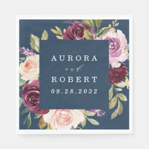 ネイビーブルーブルゴーニュ金ゴールド赤面ピンクフローラ結婚ズ スタンダードランチョンナプキン