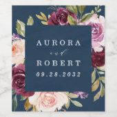 ネイビーブルーブルゴーニュ金ゴールド赤面ピンクフローラ結婚ズ ワインラベル (シングルラベル)