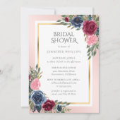 ネイビーブルーブルゴーニュ金ゴールド赤面フローラブライダルシャワー 招待状 (正面)