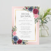 ネイビーブルーブルゴーニュ金ゴールド赤面フローラブライダルシャワー 招待状 (スタンド正面)