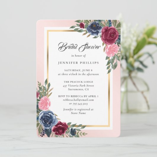 ネイビーブルーブルゴーニュ金ゴールド赤面フローラブライダルシャワー 招待状 (スタンド正面)