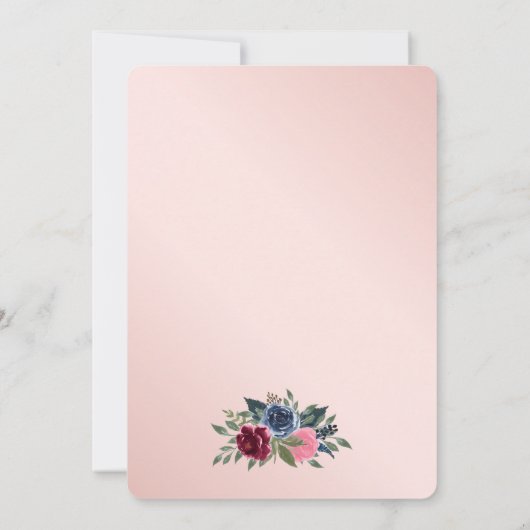 ネイビーブルーブルゴーニュ金ゴールド赤面フローラブライダルシャワー 招待状 (裏面)