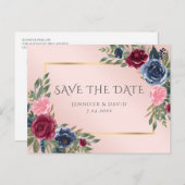 ネイビーブルーブルゴーニュ金ゴールド赤面フローラ保存日 案内ポストカード (正面/裏面)