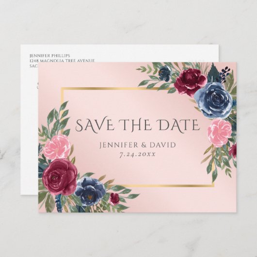 ネイビーブルーブルゴーニュ金ゴールド赤面フローラ保存日 案内ポストカード (正面/裏面)