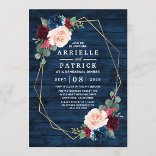 ネイビーブルーブルゴーニュ金ゴールド赤面リハーサルディナー 招待状