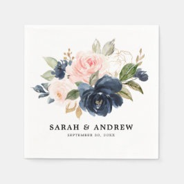 ネイビーブルーブルー赤面ピンクローズボタニカル スタンダードカクテルナプキン