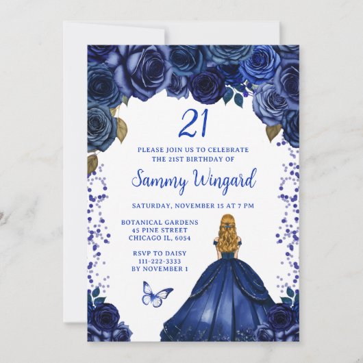 ネイビーブルーブロンドヘアプリンセス誕生日パーティー 招待状 (正面)