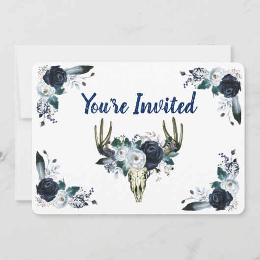 ネイビーブルーブーケ、スカル5" x 7"招待状 招待状 (正面)