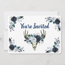 ネイビーブルーブーケ、スカル5" x 7"招待状