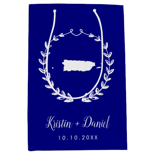 ネイビーブループエルトリコマップズウェ結婚ルカムスワッグ ミディアムペーパーバッグ (正面)