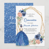 ネイビーブループリンセスのキンセアニエラ（スペイン語の15歳の誕生日） 招待状 (正面/裏面)