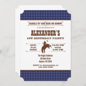 ネイビーブループレイドカウボーイロデオ誕生日招待状 招待状 (正面/裏面)